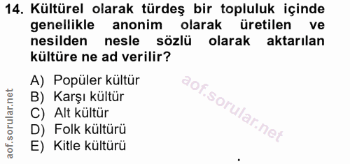 14. soru: Kültürel olarak türdeş bir topluluk içinde genellikle anonim olarak üretilen ve nesilden nesle sözlü olarak aktarılan…