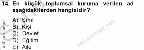 14. soru: En küçük toplumsal kuruma verilen ad aşağıdakilerden hangisidir? A) Sınıf of. B) Kişi C) Devlet D) Egitim E) Aile