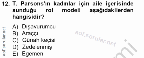 12. soru: T. Parsons'ın kadınlar için aile içerisinde sunduğu rol modeli aşağıdakilerden hangisidir? A) Dışavurumcu B) Araççı C…