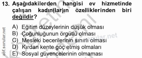 13. soru: Aşağıdakilerden hangisi ev hizmetinde çalışan kadın(lar)ın özelliklerinden biri değildir? A) Eğitim düzeylerinin düşü…