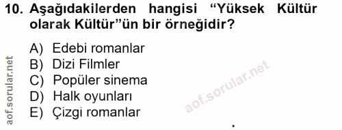 10. soru: Aşağıdakilerden hangisi "Yüksek Kültür olarak Kültür"ün bir örneğidir? A) Edebi romanlar B) Dizi Filmler C) Popüler s…