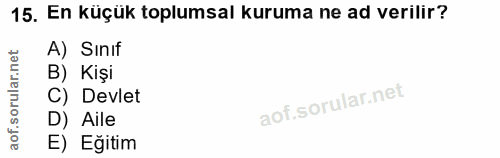 15. soru: En küçük toplumsal kuruma ne ad verilir? A) Sınıf orular.net B) Kişi C) Devlet of. D) Aile E) Eğitim