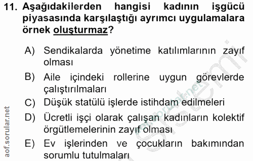 11. soru: Aşağıdakilerden hangisi kadının işgücü piyasasında karşılaştığı ayrımcı uygulamalara örnek oluşturmaz? A) Sendikalard…