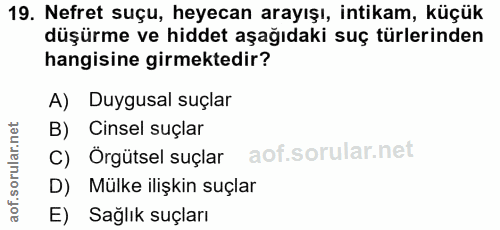 19. soru: Nefret suçu, heyecan arayışı, intikam, küçük düşürme ve hiddet aşağıdaki suç türlerinden hangisine girmektedir? A) Du…