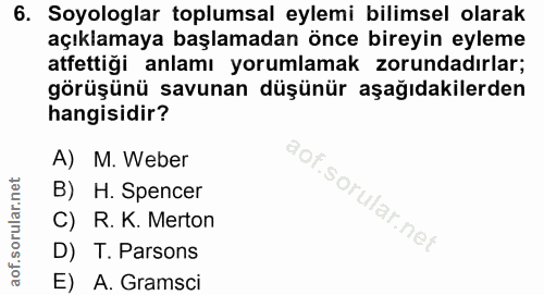 6. soru: Soyologlar toplumsal eylemi bilimsel olarak açıklamaya başlamadan önce bireyin eyleme atfettiği anlamı yorumlamak zor…