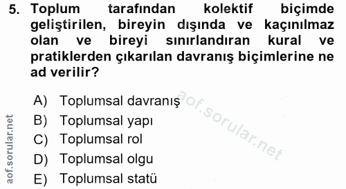 5. soru: Toplum tarafından kolektif biçimde geliştirilen, bireyin dışında ve kaçınılmaz olan ve bireyi sınırlandıran kural ve…