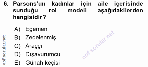 6. soru: Parsons'un kadınlar için aile içerisinde sunduğu rol modeli aşağıdakilerden hangisidir? A) Egemen rular.n B) Zedelenm…