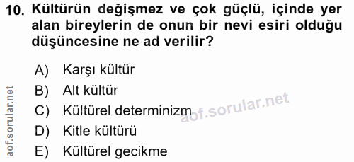 10. soru: Kültürün değişmez ve çok güçlü, içinde yer alan bireylerin de onun bir nevi esiri olduğu düşüncesine ne ad verilir? A…