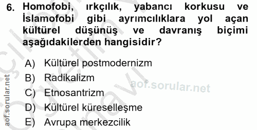 6. soru: Homofobi, ırkçılık, yabancı korkusu ve Islamofobi gibi ayrımcılıklara yol açan kültürel düşünüş [ ve davranış biçimi…