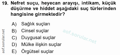 19. soru: Nefret suçu, heyecan arayışı, intikam, küçük düşürme ve hiddet aşağıdaki suç türlerinden hangisine girmektedir? A) Sa…