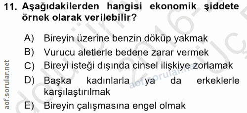 11. soru: Aşağıdakilerden hangisi ekonomik şiddete örnek olarak verilebilir? A) Bireyin üzerine benzin döküp yakmak B) Vurucu a…