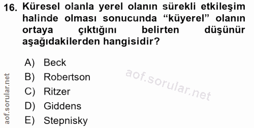 16. soru: Küresel olanla yerel olanın sürekli etkileşim halinde olması sonucunda "küyerel" olanın ortaya çıktığını belirten düş…