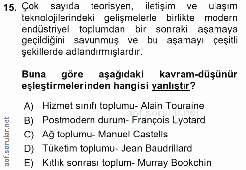 15. soru: Çok sayıda teorisyen, iletişim ve ulaşım teknolojilerindeki gelişmelerle birlikte modern endüstriyel toplumdan bir so…