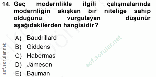 14. soru: Geç modernlikle ilgili çalışmalarında modernliğin akışkan bir niteliğe sahip olduğunu vurgulayan düşünür aşağıdakiler…