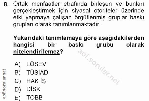 8. soru: Ortak menfaatler etrafinda birleşen ve bunları gerçekleştirmek için siyasal otoriteler üzerinde etki yapmaya çalışan…