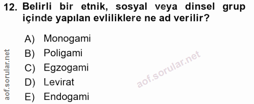 12. soru: Belirli bir etnik, sosyal veya dinsel grup içinde yapılan evliliklere ne ad verilir? A) Monogami B) Poligami C) Egzog…