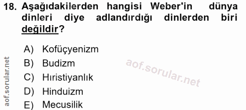 18. soru: Aşağıdakilerden hangisi Weber'in dünya dinleri diye adlandırdığı dinlerden biri değildir? A) Kofüçyenizm B) Budizm C)…