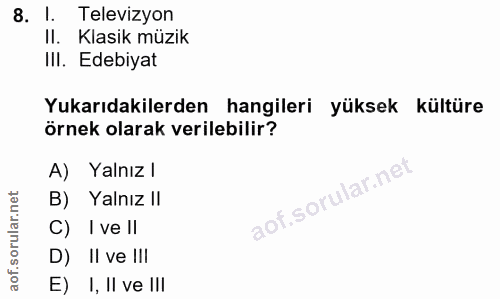 8. soru: I. Televizyon II. Klasik müzik III. Edebiyat Yukarıdakilerden hangileri yüksek kültüre örnek olarak verilebilir? A) Y…
