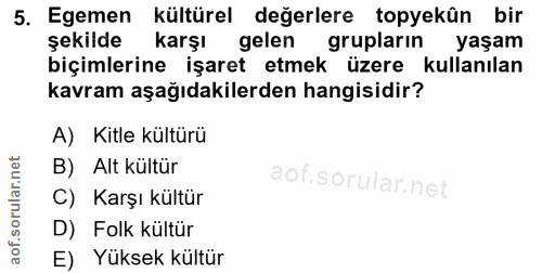 5. soru: Egemen kültürel değerlere topyekün bir şekilde karşı gelen grupların yaşam biçimlerine işaret etmek üzere kullanılan…
