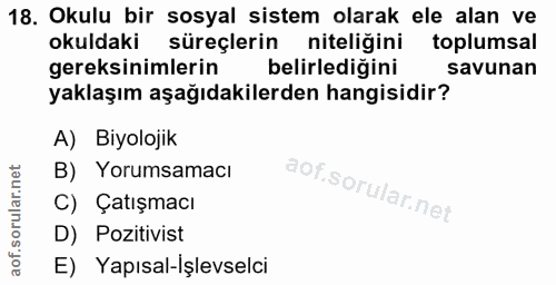 18. soru: Okulu bir sosyal sistem olarak ele alan ve okuldaki süreçlerin niteliğini toplumsal gereksinimlerin belirlediğini sav…