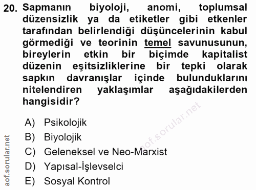 20. soru: Sapmanın biyoloji, anomi, toplumsal düzensizlik ya da etiketler gibi etkenler tarafından belirlendiği düşüncelerinin…