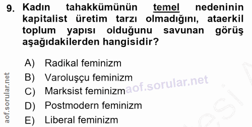 9. soru: Kadın tahakkümünün temel nedeninin kapitalist üretim tarzı olmadığını, ataerkil toplum yapısı olduğunu savunan görüş…