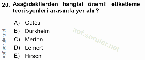 20. soru: Aşağıdakilerden hangisi önemli etiketleme teorisyenleri arasında yer alır? A) Gates B) Durkheim C) Merton D) Lemert E…