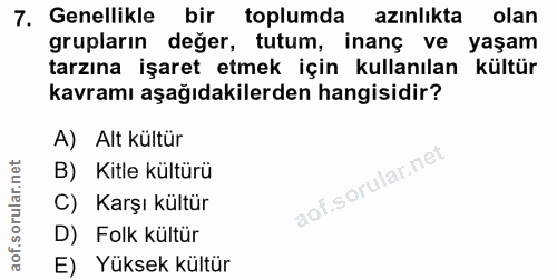 7. soru: Genellikle bir toplumda azınlıkta olan grupların değer, tutum, inanç ve yaşam tarzına işaret etmek için kullanılan kü…