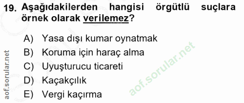 19. soru: Aşağıdakilerden hangisi örgütlü suçlara örnek olarak verilemez? A) Yasa dışı kumar oynatmak B) Koruma için haraç alma…
