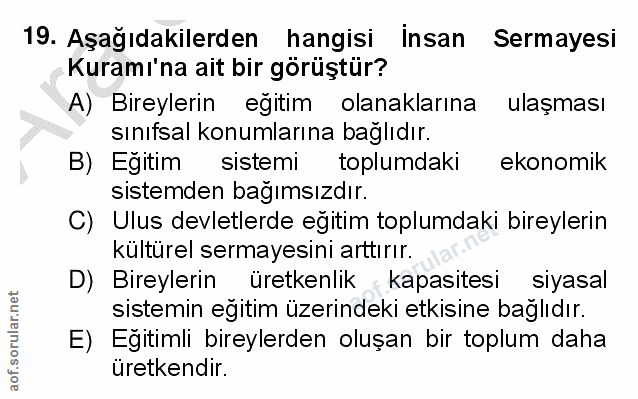19. soru: Aşağıdakilerden hangisi insan Sermayesi Kuramı'na ait bir görüştür? A) Bireylerin eğitim olanaklarına ulaşması sınıfs…