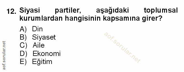 12. soru: Siyasi partiler, aşağıdaki toplumsal kurumlardan hangisinin kapsamına girer? A) Din B) Siyaset C) Aile So D) Ekonomi…