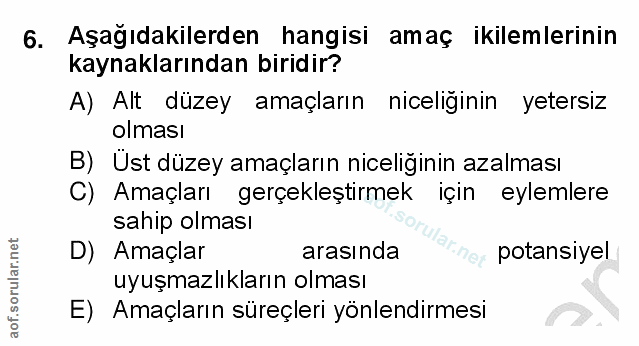 6. soru: Aşağıdakilerden hangisi amaç ikilemlerinin kaynaklarından biridir? A) Alt düzey amaçların niceliğinin yetersiz olması…