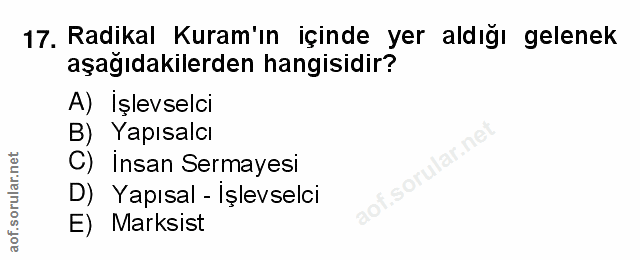 17. soru: Radikal Kuram'ın içinde yer aldığı gelenek aşağıdakilerden hangisidir? A) İşlevselci B) Yapısalcı C) İnsan Sermayesi…