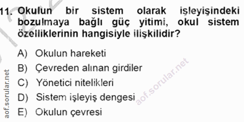 11. soru: Okulun bir sistem olarak işleyişindeki bozulmaya bağlı güç yitimi, okul sistem özelliklerinin hangisiyle ilişkilidir?…