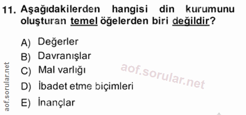 11. soru: Aşağıdakilerden hangisi din kurumunu oluşturan temel öğelerden biri değildir? A) Değerler B) Davranışlar C) Mal varlı…