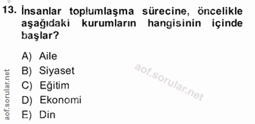 13. soru: İnsanlar toplumlaşma sürecine, öncelikle aşağıdaki kurumların hangisinin içinde başlar? A) Aile B) Siyaset C) Egitim…