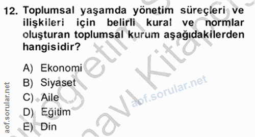 12. soru: Toplumsal yaşamda yönetim süreçleri ve ilişkileri için belirli kural ver normlar oluşturan toplumsal kurum aşağıdakil…