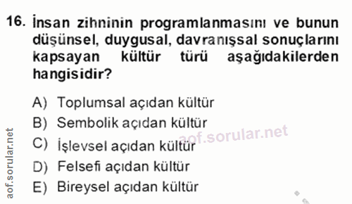 16. soru: Insan zihninin programlanmasını ve bunun düşünsel, duygusal, davranışsal sonuçlarını kapsayan kültür türü aşağıdakile…