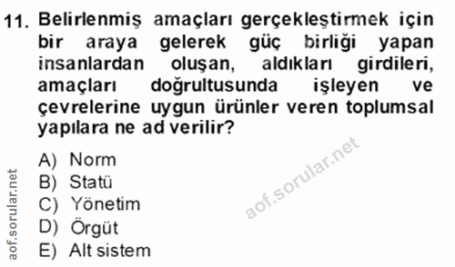 11. soru: Belirlenmiş amaçları gerçekleştirmek için bir araya gelerek güç birligi yapan insanlardan oluşan, aldıkları girdileri…