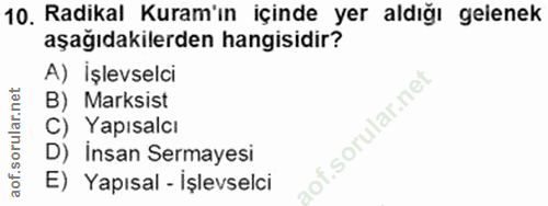 10. soru: Radikal Kuram'ın içinde yer aldığı gelenek aşağıdakilerden hangisidir? A) İşlevselci B) Marksist C) Yapısalcı D) insa…