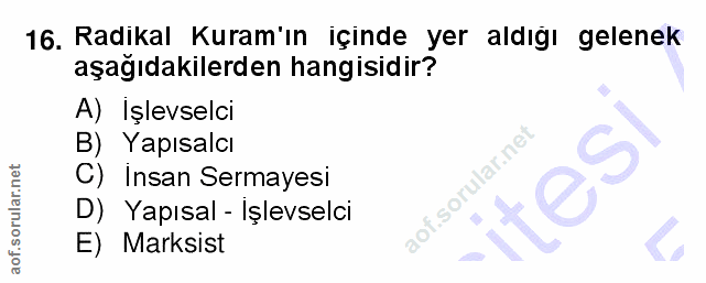 16. soru: Radikal Kuram'ın içinde yer aldığı gelenek aşağıdakilerden hangisidir? A) Işlevselci B) Yapısalcı C) İnsan Sermayesi…