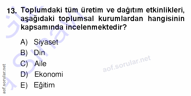 13. soru: Toplumdaki tüm üretim ve dağıtım etkinlikleri, aşağıdaki toplumsal kurumlardan hangisinin kapsamında incelenmektedir?…