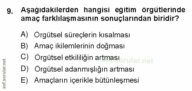 9. soru: Aşağıdakilerden hangisi eğitim örgütlerinde amaç farklılaşmasının sonuçlarından biridir? A) Orgütsel süreçlerin kısal…