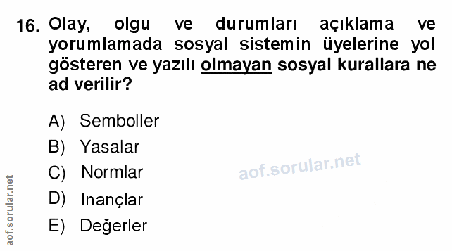 16. soru: Olay, olgu ve durumları açıklama ve yorumlamada sosyal sistemin üyelerine yol gösteren ve yazılı olmayan sosyal kural…