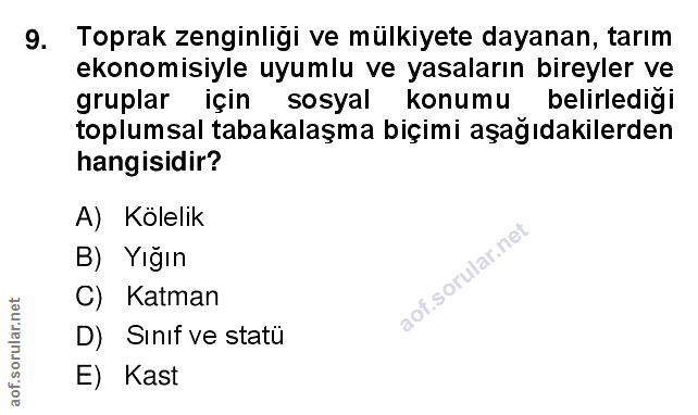 9. soru: Toprak zenginligi ve mülkiyete dayanan, tarım ekonomisiyle uyumlu ve yasaların bireyler ve gruplar için sosyal konumu…