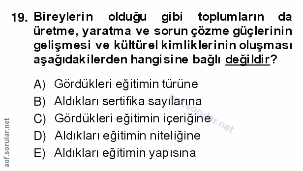 19. soru: Bireylerin olduğu gibi toplumların da üretme, yaratma ve sorun çözme güçlerinin gelişmesi ve kültürel kimliklerinin o…