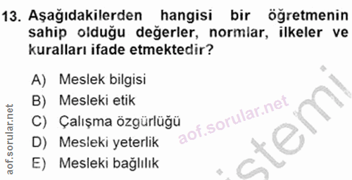 13. soru: Aşağıdakilerden hangisi bir öğretmenin sahip olduğu değerler, normlar, ilkeler ve kuralları ifade etmektedir? A) Mesl…