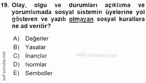 19. soru: ne ad verilir? A) Değerler B) Yasalar C) inançlar oru D) Normlar aof. E) Semboller
