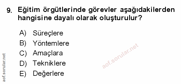9. soru: Eğitim örgütlerinde görevler aşağıdakilerden hangisine dayalı olarak oluşturulur? A) Süreçlere B) Yöntemlere C) Amaçl…