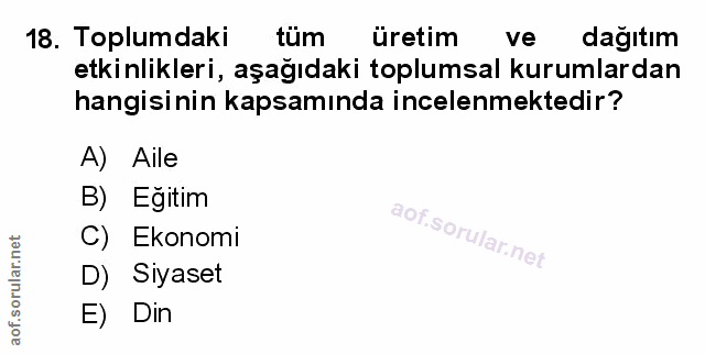 18. soru: Toplumdaki tüm üretim ve dağıtım etkinlikleri, aşağıdaki toplumsal kurumlardan hangisinin kapsamında incelenmektedir?…